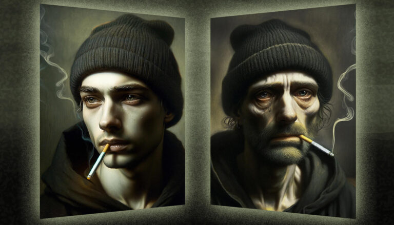On the left a young man smoking. On the right the same man but old and still smoking