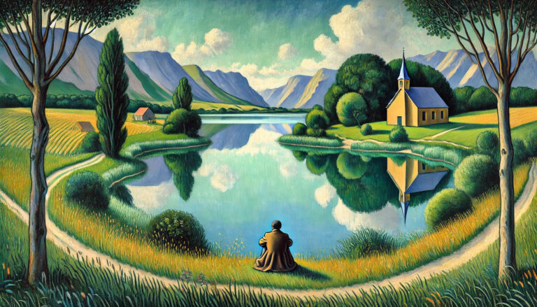 Man sitting in front of a lake in the country side