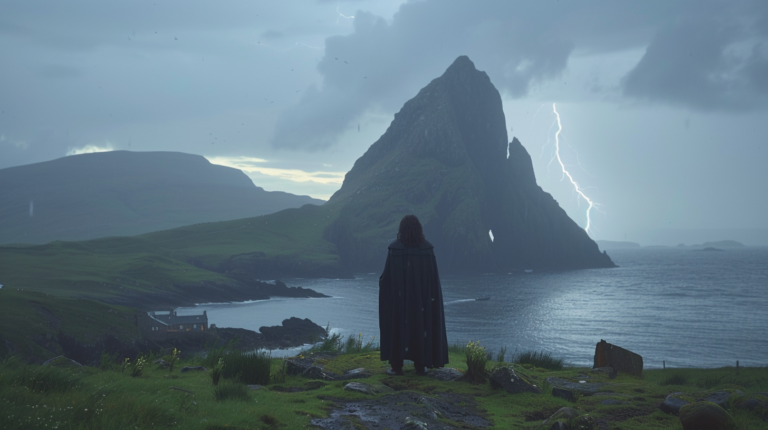 Man standing in front of a lake with lightning in the background