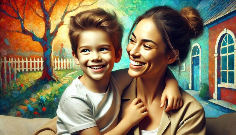 Mother holding her son in her arms