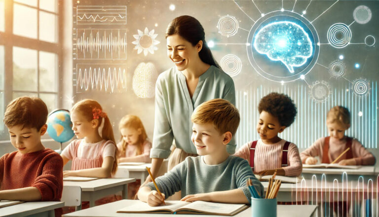 Teacher helping students with work in a classroom